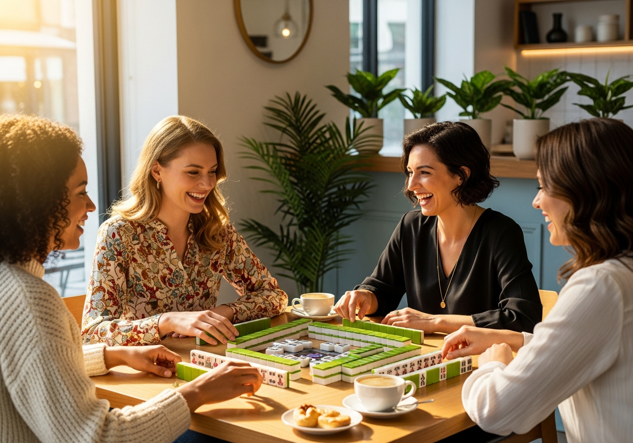 Women of diverse backgrounds smiling and playing mahjong together at a cafe