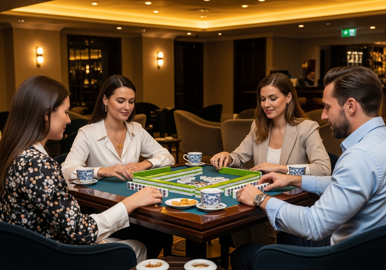 Mixed group enjoying mahjong in an upscale lounge setting