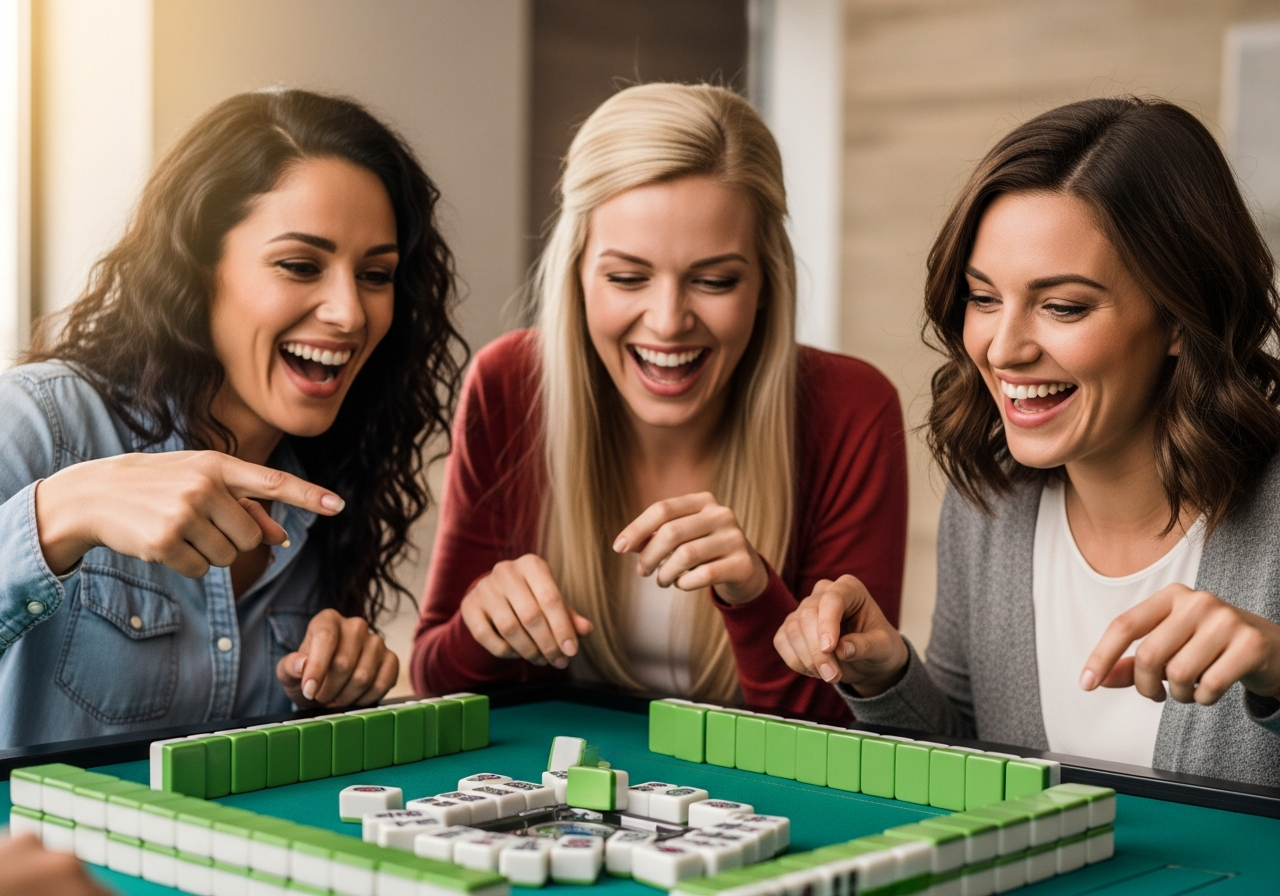 Women laughing and celebrating together over a mahjong game